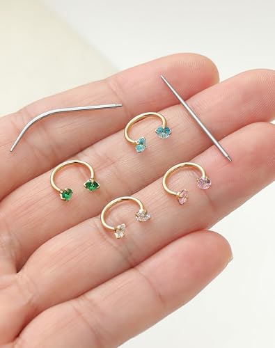 Akeoqi Horseshoe Nose Rings 316L Surgical Steel Half Hoop Earrings for Women Internally Threaded Cartilage Helix Tragus Earrings Double CZ Eyebrow Lip Piercing 18G 20G 8MM Silver Gold Plated - color: Gold,Colorful CZ