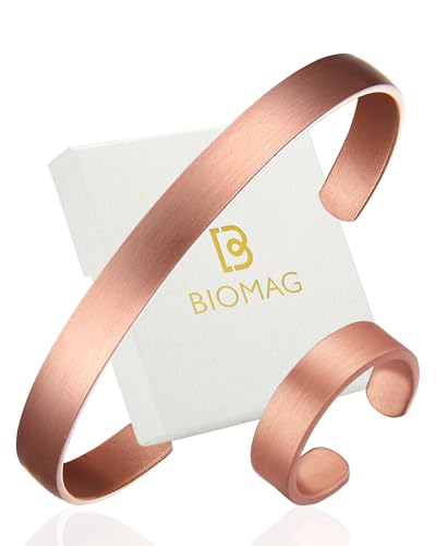 BioMag Pure Copper Bracelet & Ring for Women Men, 99.99% Solid Handmade Copper Cuff Bangle, Adjustable Jewelry Gift with Gift Box - color: Rose Gold (Matte)