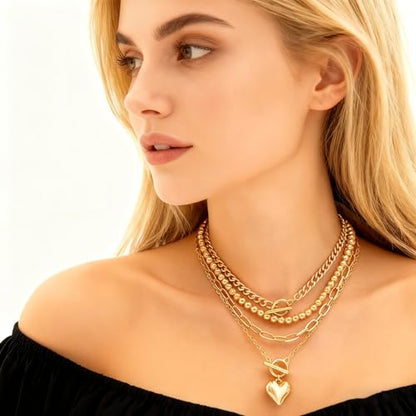 Chunky Layered Necklaces for Women, Stackable Paperclip Chain Necklace Set with Coin & Heart Pendants, Trendy Statement Jewelry for Everyday Wear and Gift Giving - color: Gold