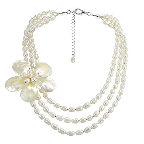 Floral Mother of Pearl on Triple Strand of Cultured Freshwater White Pearl Layered Necklace