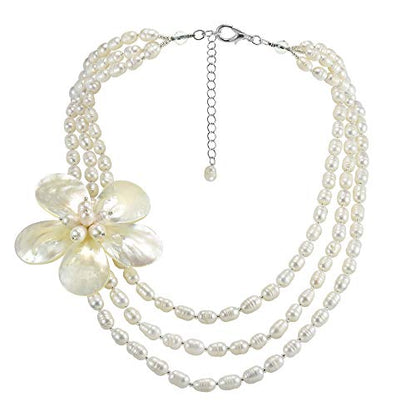 Floral Mother of Pearl on Triple Strand of Cultured Freshwater White Pearl Layered Necklace