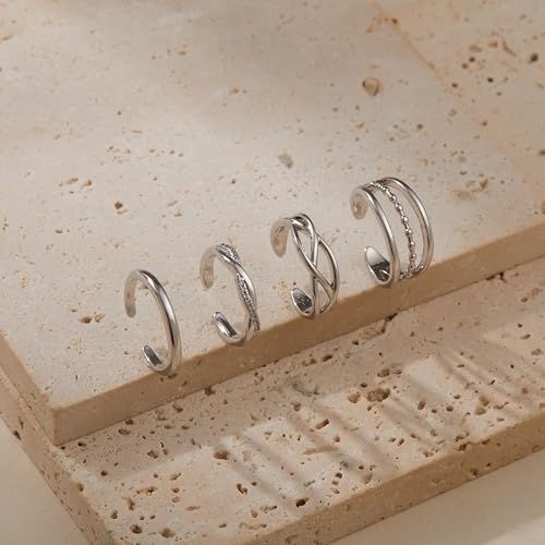 LOFITOR 4PCS Gold Toe Rings for Women Non Tarnish Waterproof Toe Ring Set | 14K Gold Filled Dainty Stackable Cute Thin Adjustable Open Band Toe Ring Cz Foot Jewelry For Beach Summer Hawaiian - style: Fashion Silver