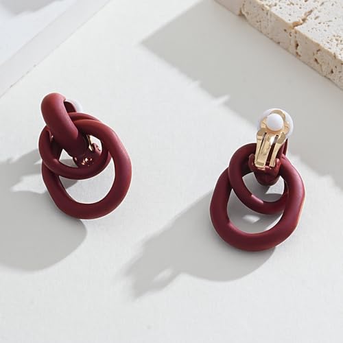 Gold Geometric Clip On Earrings for Women Chunky Gold Knot Link Clip Earrings Trendy Jewelry - color: Wine Red