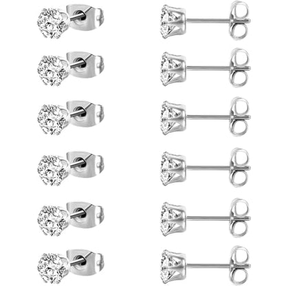 MDFUN 6 Pairs Stud Earrings Sets 3-8MM 18K Gold Plated Round 5A+ Cubic Zirconia Earrings Hypoallergenic CZ 6 Prong Ears Jewelry for Women - color: 6MM-White Gold
