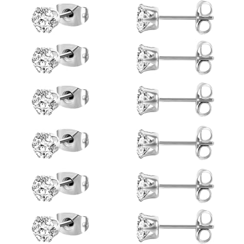 MDFUN 6 Pairs Stud Earrings Sets 3-8MM 18K Gold Plated Round 5A+ Cubic Zirconia Earrings Hypoallergenic CZ 6 Prong Ears Jewelry for Women - color: 6MM-White Gold