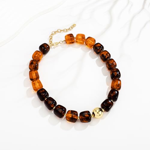 Chunky Colorful Beaded Choker Necklace for Women, Summer Beach Statement Resin Beads Necklace, Trendy Womens Summer Beach Jewelry Birthday Gifts for Vacation Holiday - color: Square Brown Bead