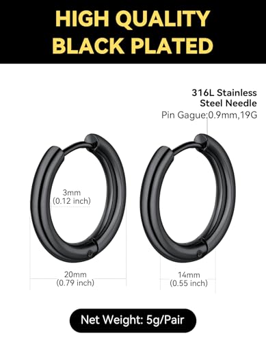 ChainsHouse Stud Earrings for Men Women,316L Stainless Steel/14K Gold/Black Plated Metal, Punk Hypoallergenic Surgical Huggie Hoop Earrings Mens Jewelry Piercing Hoop Earrings - style: H: Black-Huggie Hoop(1 Pair)
