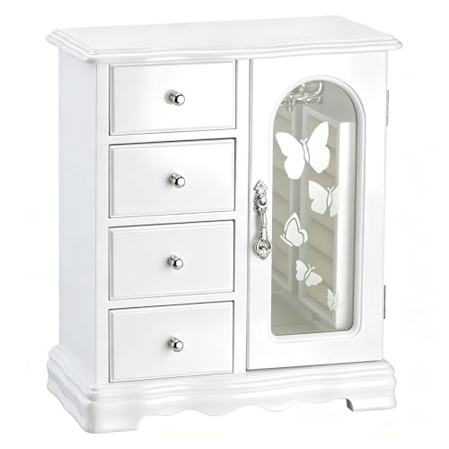 RR ROUND RICH DESIGN Solid Wood Jewelry Box White | Large Organizer with 4 Drawers, Built-in Necklace Carousel & Large Mirror - style: Fashion White