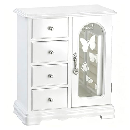 RR ROUND RICH DESIGN Solid Wood Jewelry Box White | Large Organizer with 4 Drawers, Built-in Necklace Carousel & Large Mirror - style: Fashion White