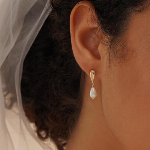 Plenky Pearl Earrings-14K Gold Plated Dainty Pearl Drop Simple Wedding CZ Dangle Dangling Cute Stud Earrings for Brides Earrings for Women Gifts - style: Teardrop Pearl Earrings