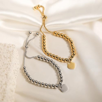 Trendy Heart Beads Bracelets For Elegant Women Adjustable 18K Gold Plated Stainless Steel Jewelry - color: silver heart beads