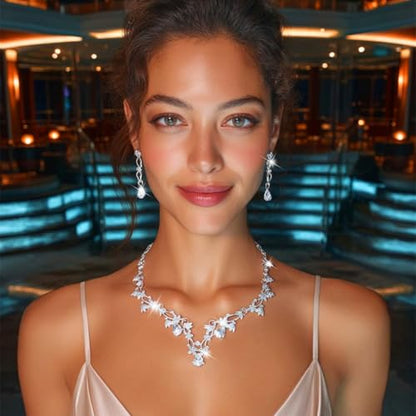 Gold Rhinestone Jewelry Set Bridal Wedding Necklace Earrings Sets Prom Formal Costume Jewelry for Women and Brides - color: Silver