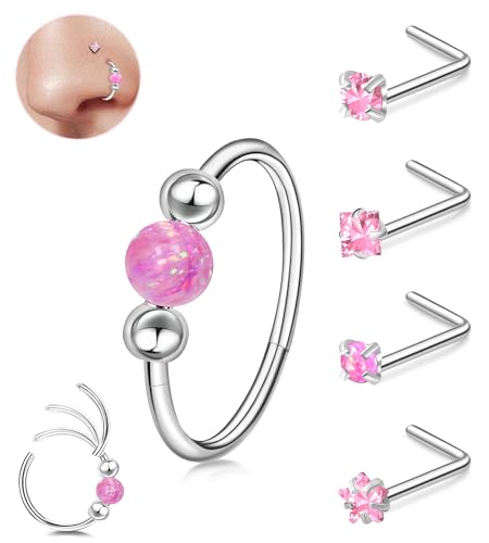 ONESING 9-40 Pcs Nose Rings - Hoops, Studs & L Shape - Hypoallergenic Stainless Steel Nose Piercings for Women & Men - color: pink-L shaped