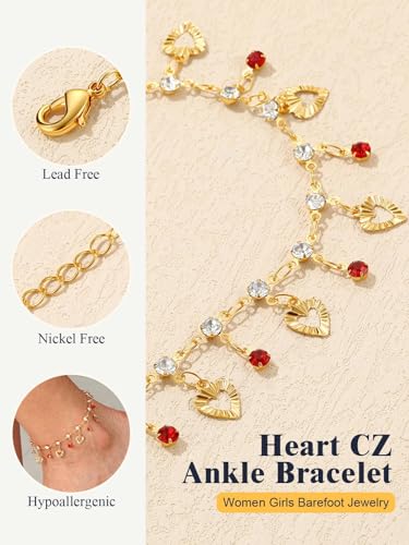 U7 Ankle Bracelets for Women Stainless Steel Waterproof Tarnish Resistant | 18K Gold Plated/Silver/Rose Gold Anklets, Cuban Chain Anklet Bracelets, Perfect for Summer Beach and Vacation Outfits - color: Gold Plated-Red-Heart Charm