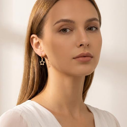 Reffeer Solid 925 Sterling Silver Star Hoop Dangle Earrings for Women Teen Girls Star Drop Earrings Huggie - color: B-Yellow