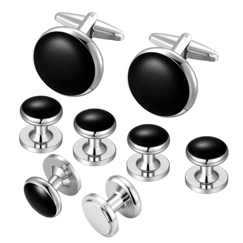 Mens Cufflinks and Tuxedo Shirt Studs Set with Gift Box - color: Silver/black