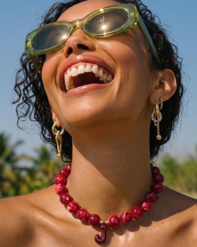 DoDoBeads Chunky Colorful Beaded Initial Necklace, Bubble Letter Choker | Gift box and dust pouch included; waterproof and sweat-resistant with real gold plated stainless steel hardware - color: BlackCherry-C