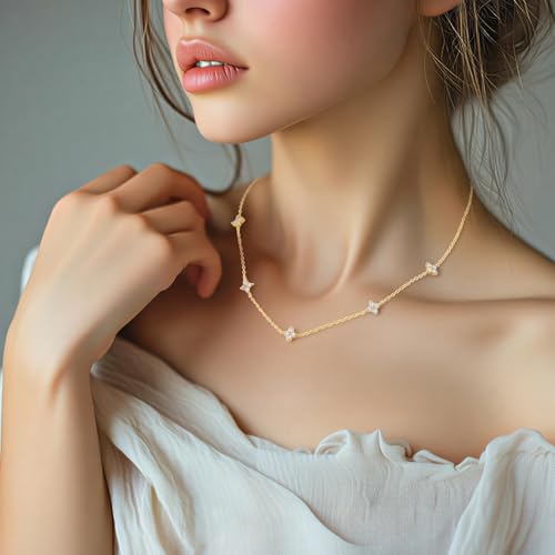 Yowivon Layered Gold Necklaces for Women, Dainty 14K Gold Plated Pendant Necklace, Non Tarnish Cubic Zirconia Stack Choker Necklace, Adjustable Hypoallergenic Trendy Jewelry Gift for Her - style: Gold-Four-Leaf Flowers