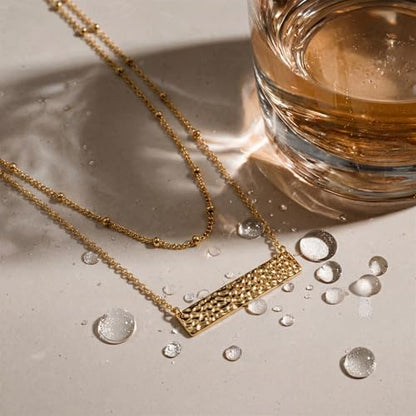 MEVECCO Dainty Pendant Layered Necklaces for Women | 18K Gold Plated Brass, 2-Piece Set With A Choker-Length Upper Layer, Wear Together Or Separately, Refined Everyday Style - style: layer bar