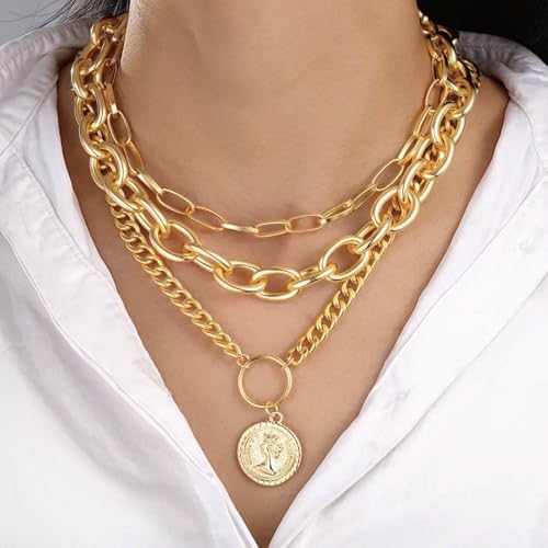 Layered Necklace Set Women - Cuban Paperclip Coin Pendant Silver | 3 pcs chunky stackable set, Trendy toggle clasp, Mixed link texture, Coin charm detail, Perfect layered jewelry gift - color: Gold