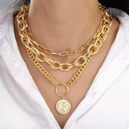 Layered Necklace Set Women - Cuban Paperclip Coin Pendant Silver | 3 pcs chunky stackable set, Trendy toggle clasp, Mixed link texture, Coin charm detail, Perfect layered jewelry gift - color: Gold