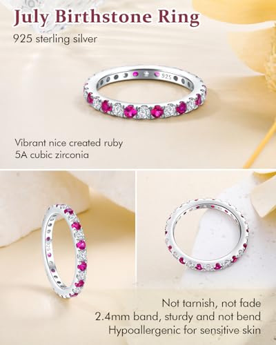 DAYBYDAY Sapphire/Emerald/Ruby Full Eternity Band Rings for Women, 2.4mm Thin Birthstone Stackable Rings, 925 Sterling Silver/14K Gold Plated Gemstone Wedding Band Anniversary Ring Size 6 to 10 - color: 07. Red Ruby & Cz, July