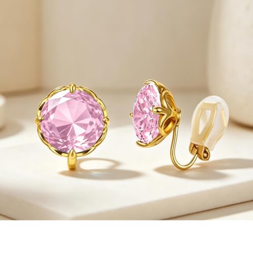 Round Austrian Crystal Clip On Earrings for Women Non Pierced Earrings, Hypoallergenic Clip-on Earrings Jewelry Gift for Sensitive Ears - color: Pink