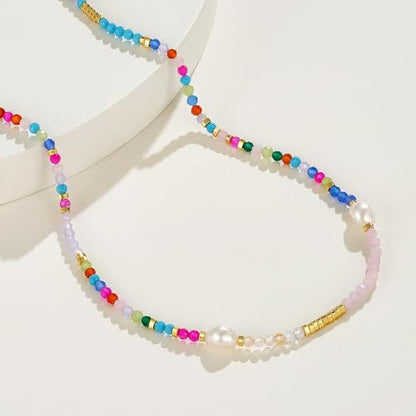 KissYan Beaded Choker Necklace for Women, Colorful Natural Gemstones Pearl Choker 14K Gold Plated Pendant Healing Crystal Necklace Handmade Stone Jewelry Gift | 14K Gold Plated Pendant Necklaces, Natural Gemstones Pearl Choker, Healing Crystal Chain, Hand