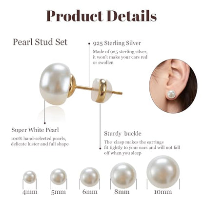 4 Pairs Pearl Stud Earrings Sterling Silver Earring Set | 14K Plated Gold Hypoallergenic Earring stud Large size Round pearl 8mm-14mm Set Earrings for women - style: Flat Round-5 Pairs