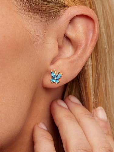 Suplight Butterfly Stud Earrings 925 Sterling Silver 14K Gold Brithstone Earrings for Women Brithstone Jewelry Gifts - color: 12.December (Blue Topaz), size: Gold