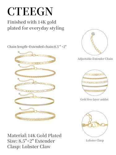 14K Gold/Silver Plated Anklets for Women Layered Anklet Set | Non Tarnish Waterproof Brass Ankle Bracelet, Adjustable Lightweight Dainty Hypoallergenic Chain, Beach Vacation Summer Gift - style: Style5