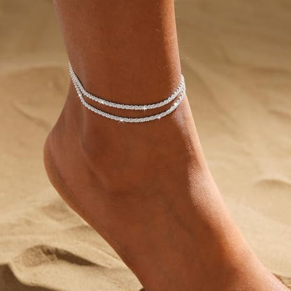 ASCOMY Ankle Bracelets for Women 14K Gold/Silver Plated Anklets for Women Waterproof Layered Cute Beads Dot Shining Twist Rope Chain Pearl Bar Link Heart Anklets Summer Beach Foot Chain Jewelry Gifts - style: Sparkling Twist Rope-SL