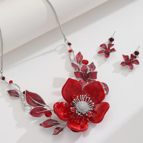 Chunky Statement Jewelry Set Vintage Retro Leaf Flower Floral Geometric Bohemian Boho Bib Necklace Earring Set Fashion Costume Jewelry for Women Girls Wedding Party Prom Unique Gift - style: flower leaf-red