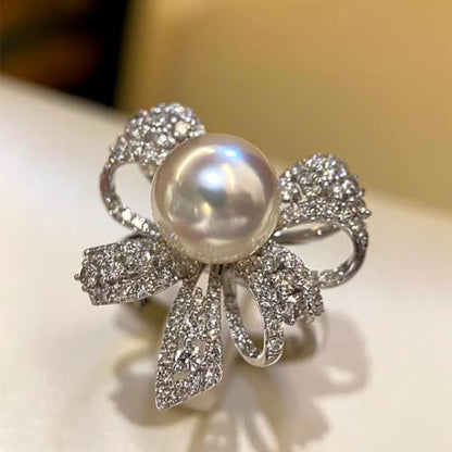 Elegant Bow Knot Pearl Rings for Women Rhinestone Cz Crystal Butterfly Tie Stacking Promise Bow Knot Pearl Rings Adjustable Open Promise Engagement Rings Anniversary Wedding Band Jewelry s