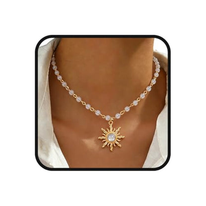Tgirls Boho Beaded Choker Necklace Opal Bead Necklace Sun Pendant Summer Jewelry for Women - color: White-opal