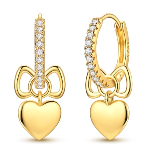 925 Sterling Silver Dangle Whale Shark Butterfly Bow Earrings for Women | Hypoallergenic Huggie Hoop Drop Cross Earrings for Sensitive Ears, Cubic Zirconia Statement Trendy Jewelry Birthday Gifts - color: Gold Sparkling Bow Love