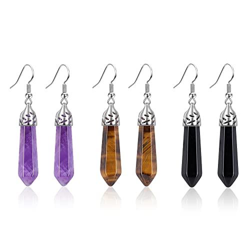 Jovivi 3Pairs Healing Crystals Earrings Sets for Women Natural Real Amethyst Rose Quartz Stone Healing Hexagonal Points Crystal Chakra Dangle Earrings - color: Style 6