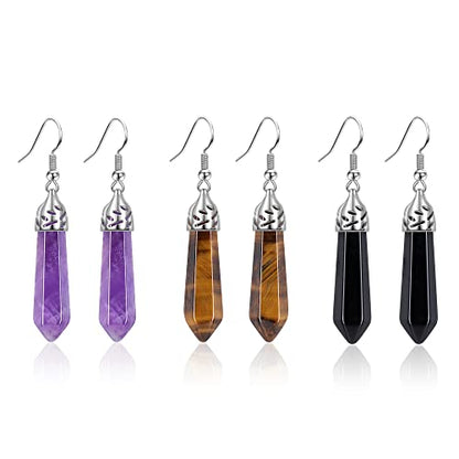 Jovivi 3Pairs Healing Crystals Earrings Sets for Women Natural Real Amethyst Rose Quartz Stone Healing Hexagonal Points Crystal Chakra Dangle Earrings - color: Style 6