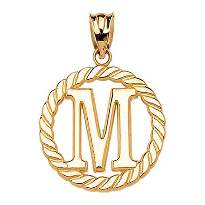 Polished 10k Yellow Gold Personalized Initial "A-Z" Roped Circle Charm Pendant - style: "M"