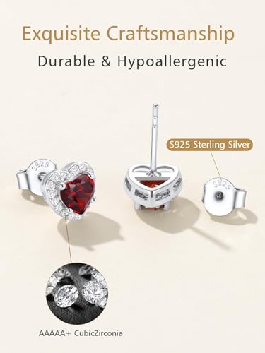 FindChic Birthstone Earrings for Women, Round/Heart/Square/Teardrop Earrings with 925 Sterling Silver Posts & Push Backs, Hypoallergenic Studs with Cubic Zirconia, 12 Months Jewelry with Gift Box - style: 01. January-Garnet (Heart-Silver)