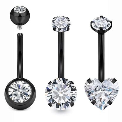 Belly Button Rings Surgical Steel Internally Threaded Belly Button Ring 10MM/12MM/14MM/16MM Navel Rings for Women Clear CZ 14G Long Bar Navel Piercing Jewelry - color: black, size: 12mm bar length