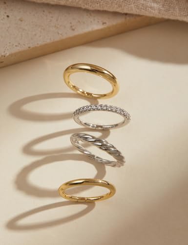 Stackable Rings for Women, Set of 4 Two Tone Gold and Silver Rings, Cubic Zirconia Stacking Ring Set, Fashion Statement Band Rings for Women, Sizes 6 7 8