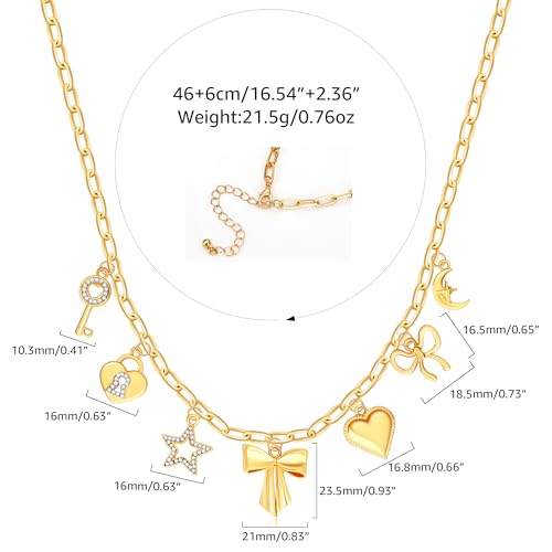 Charm Necklace for Women Gold Evil Eye Sun Moon Flower Coin Pendant Necklace Dainty Paperclip Chain Vintage Luck Amulet Choker Necklaces Celestial Jewelry Gift - style: 7 Charms- Bow, Star, Heart