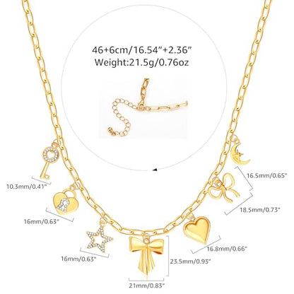 Charm Necklace for Women Gold Evil Eye Sun Moon Flower Coin Pendant Necklace Dainty Paperclip Chain Vintage Luck Amulet Choker Necklaces Celestial Jewelry Gift - style: 7 Charms- Bow, Star, Heart