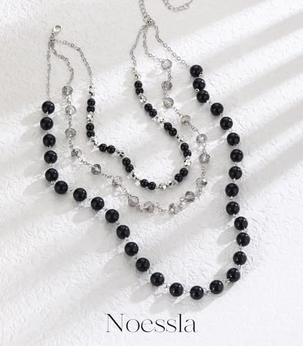 Noessla Layered Beaded Necklaces for Women - 3 Strand Boho Statement Choker Fashion Jewelry Gifts - color: Black