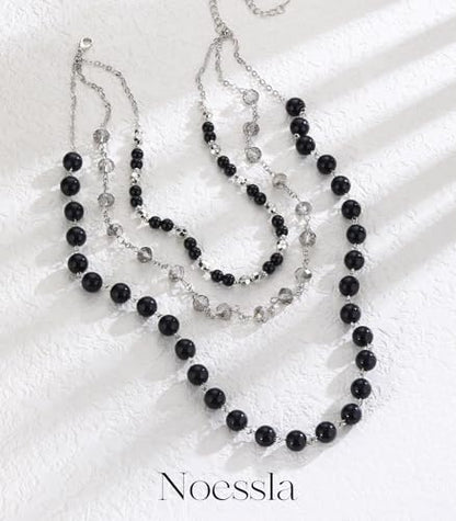 Noessla Layered Beaded Necklaces for Women - 3 Strand Boho Statement Choker Fashion Jewelry Gifts - color: Black