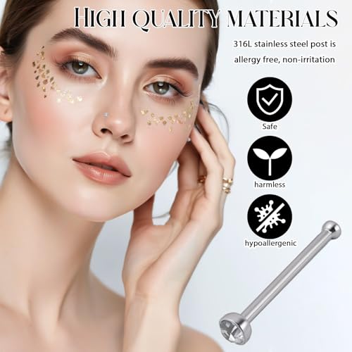 JJUNW 60 Pcs Nose Studs Nose Rings, 1.5 Mm Tragus Piercing Jewelry Nose Piercings Rhinestones, Stainless Steel Helix Piercing Jewelry Tiny for Women Men Tragus Nose Medusa Lip Labret