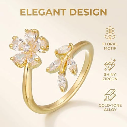 Ladies' Alloy Flower Leaf Open Ring, Silver Tone with Crystal Accents, Adjustable - color: Gold
