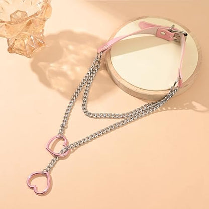 Heart O Ring Slip Chain Choker Necklace for Women Men Stainless Steel Cuban Chain Y-shape Necklaces Punk Rock Collar Adjustable Lariat Y Necklace Prom Necklaces Jewelry - color: Pink leather