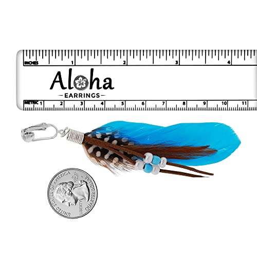 Aloha Earrings-Clip On Real Feather Earrings-Dangle Clip On Earrings Tassel Long Clip Earrings Bohemian - color: Bright Blue Feathers